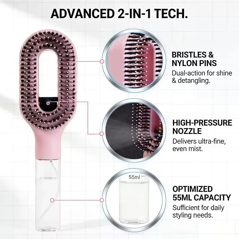 Brosse Spray 2-en-1 — Massage du Cuir Chevelu & Démêlant Antistatique