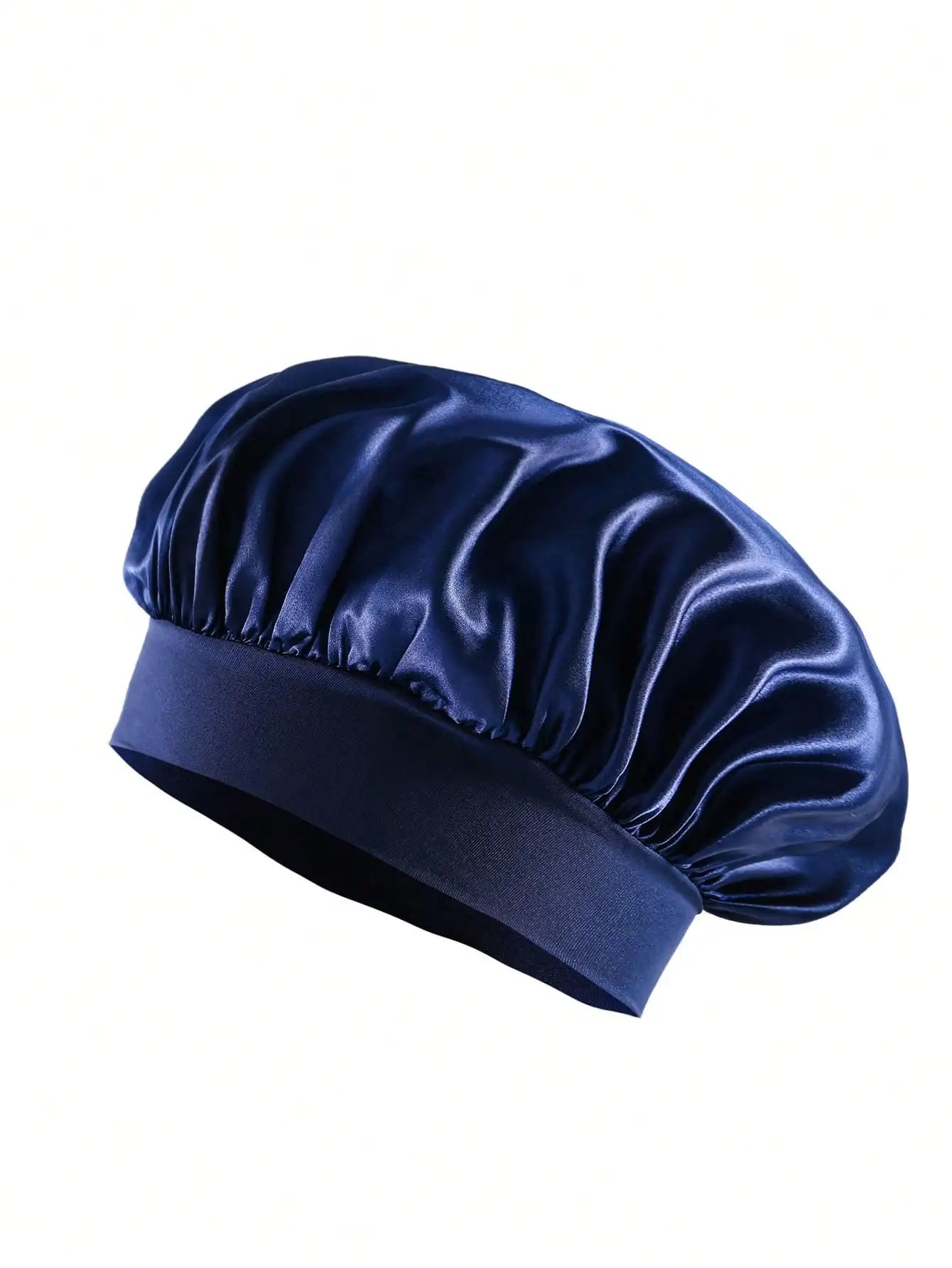 Bonnet satin cheveux bouclés – bleu marine fond blanc – Belleréelle