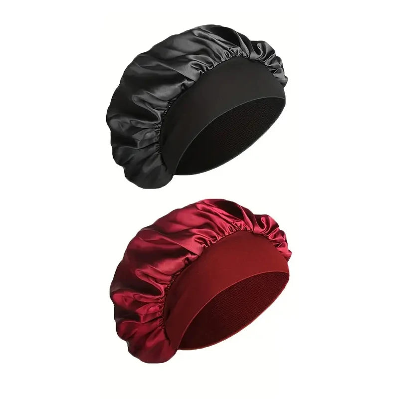 Bonnet satin grand format — cheveux bouclés & tresses