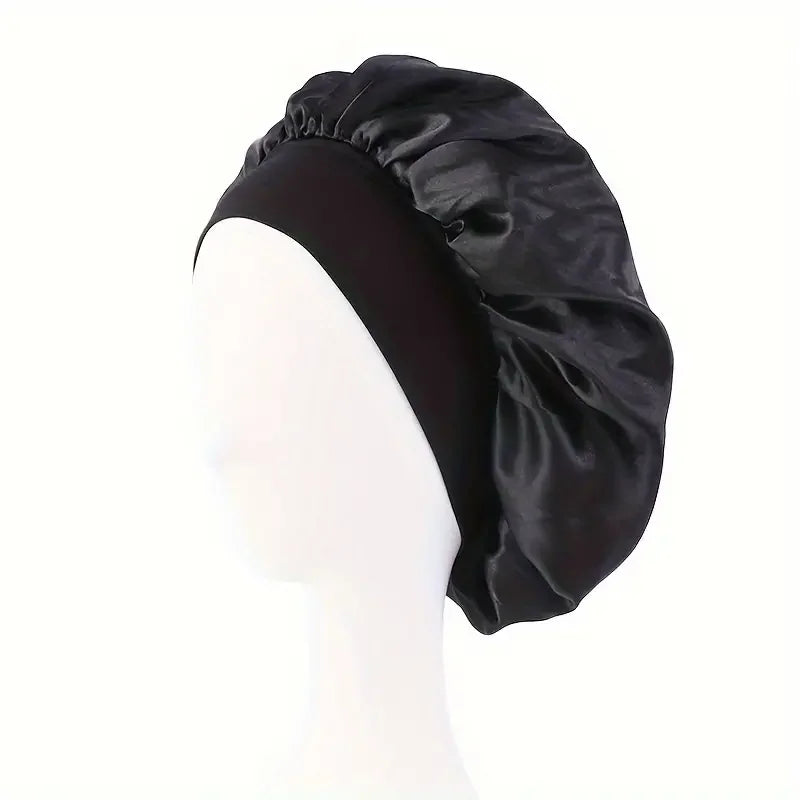 Bonnet satin grand format — cheveux bouclés & tresses