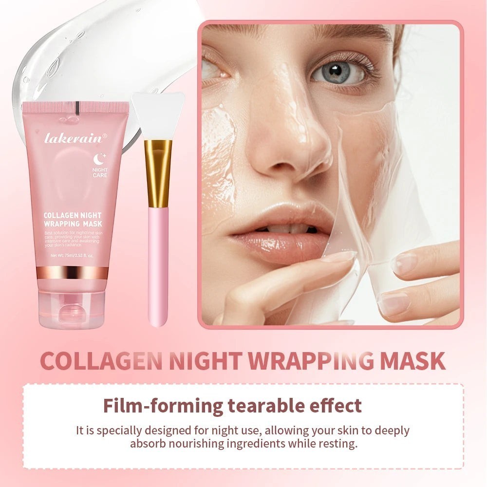 Belleréelle Masque Enveloppant Collagène Nuit pour soin de la peau, effet filmogène pelable pour hydratation et jeunesse.