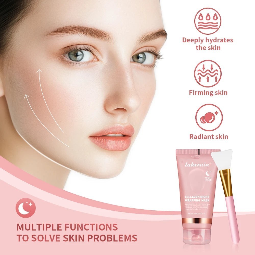 Belleréelle Masque Enveloppant Collagène Nuit pour une peau ferme et radieuse. Tube rose avec spatule.
