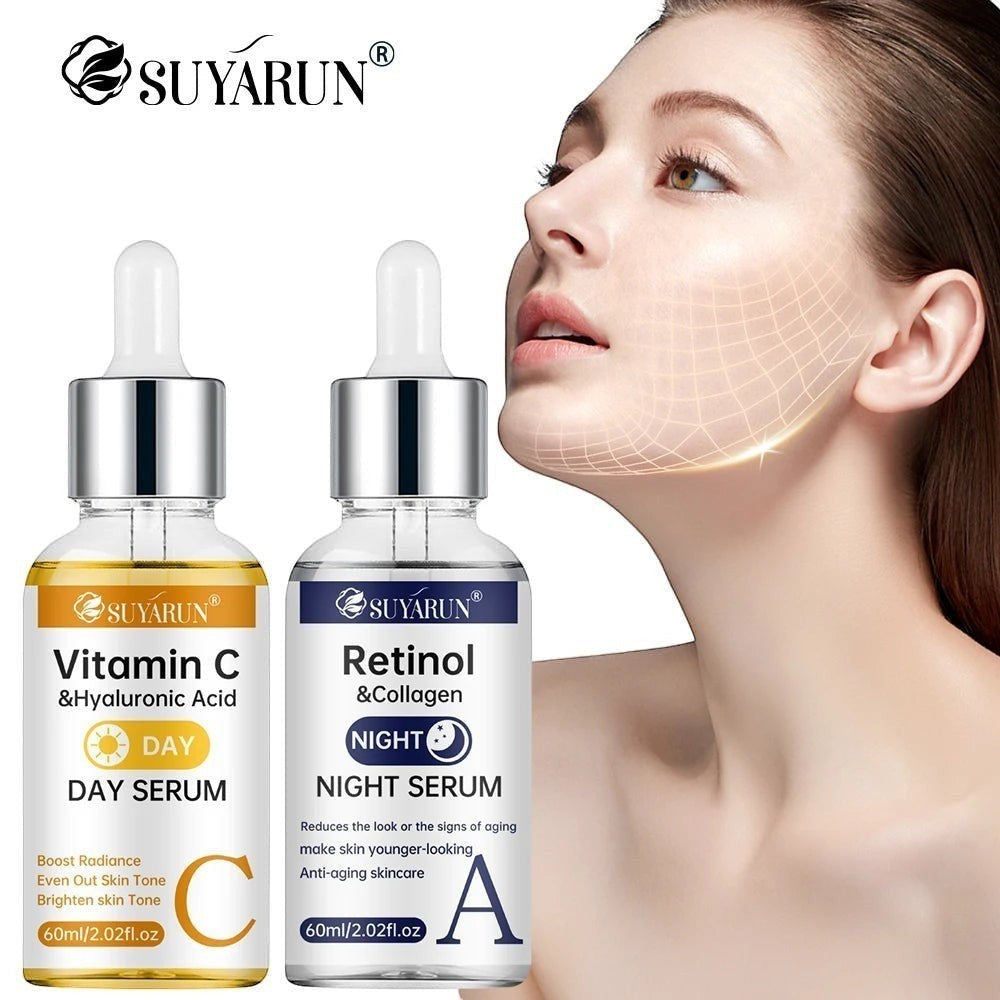Belleréelle Sérum Jour et Nuit Anti-Âge : Vitamine C, Acide Hyaluronique, Rétinol, Collagène. Coffret 2x60ml.