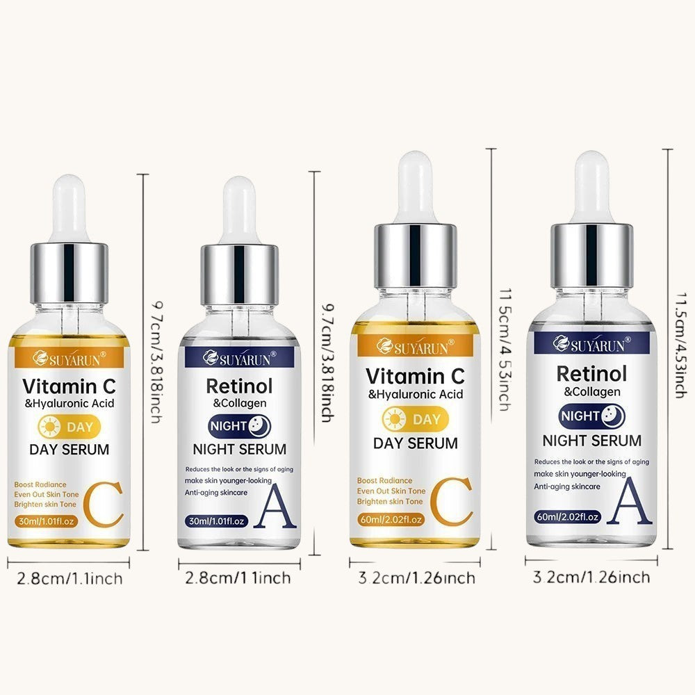 Belleréelle Coffret Sérum Jour et Nuit Anti-Âge : sérum Vitamine C & Acide Hyaluronique pour le jour et sérum Rétinol & Collagène pour la nuit.
