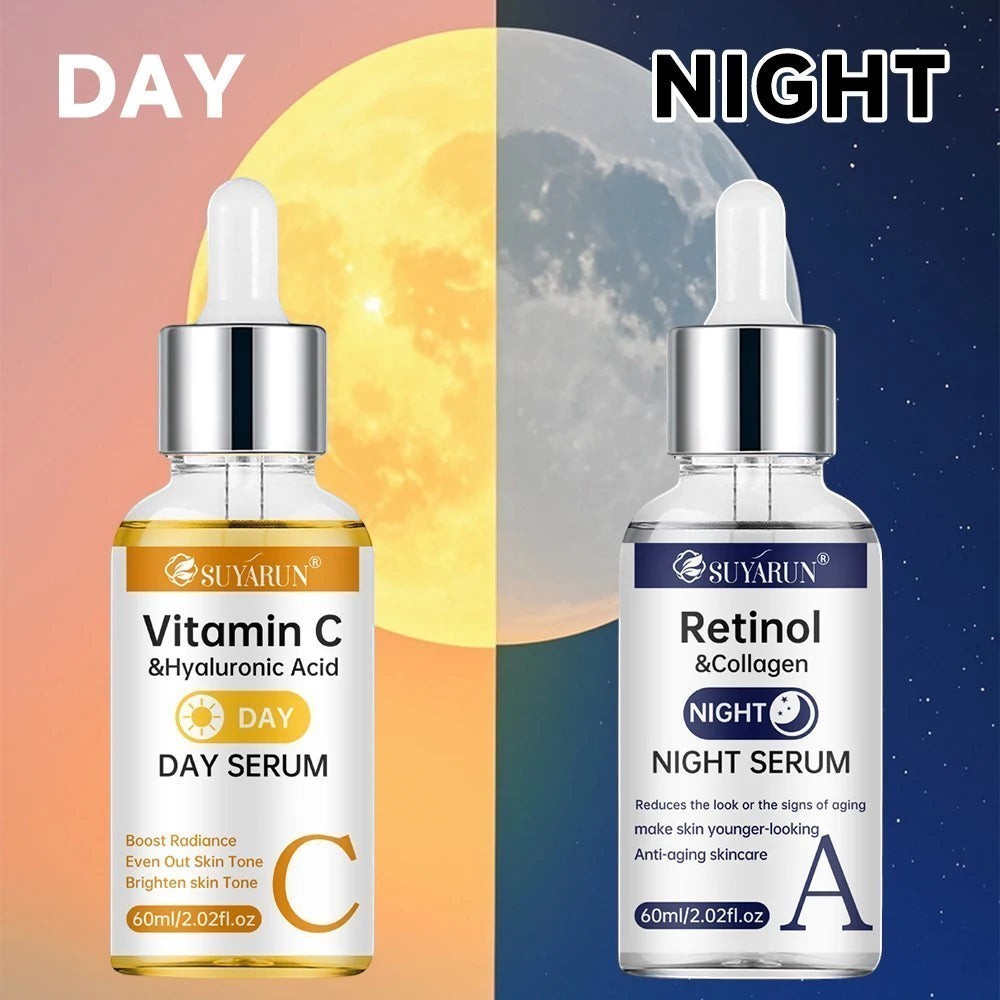 Belleréelle Sérum Jour et Nuit Anti-Âge : sérum Vitamine C & Acide Hyaluronique jour et sérum Rétinol & Collagène nuit.