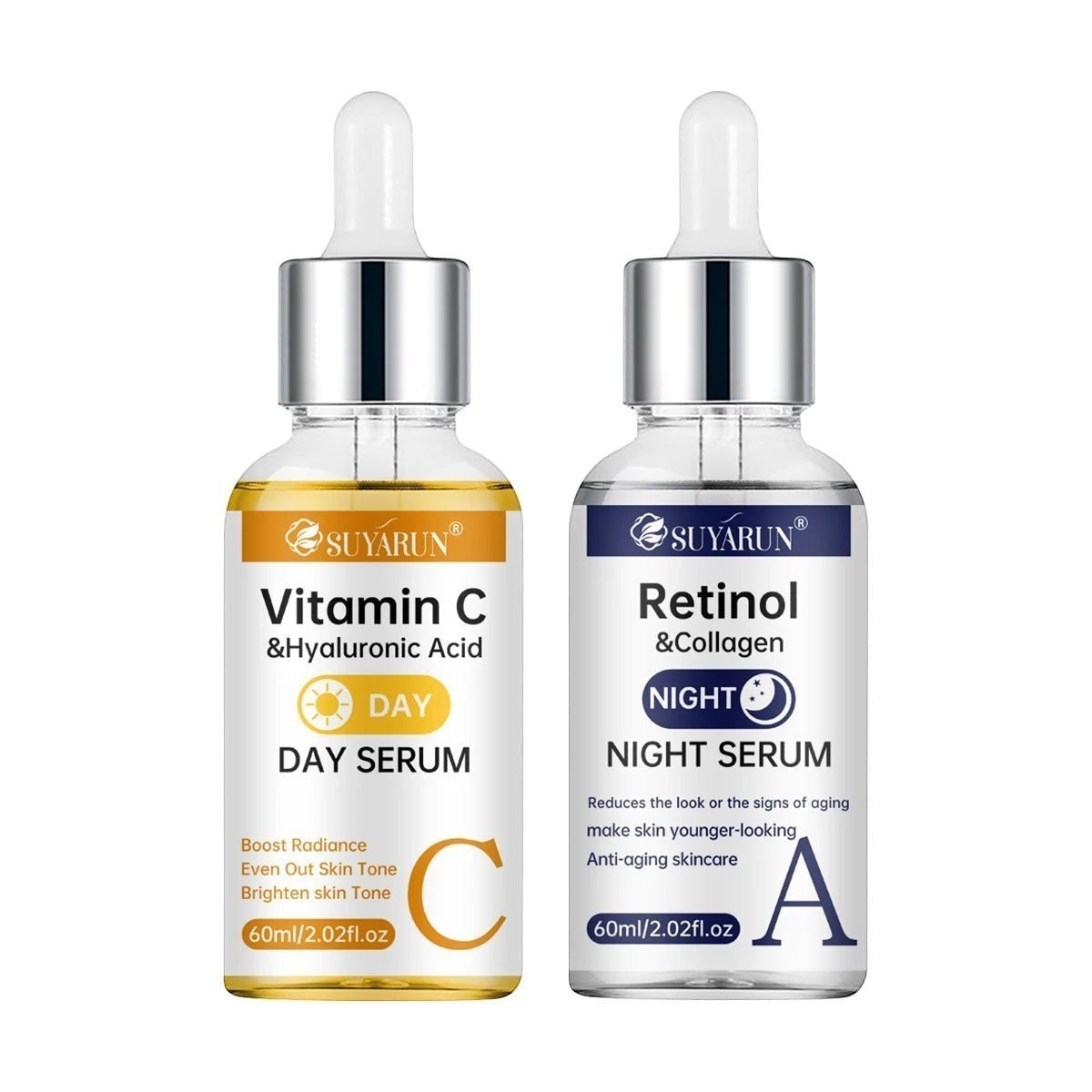 Belleréelle Sérum Jour et Nuit Anti-Âge : sérum Vitamine C & Acide Hyaluronique jour et sérum Rétinol & Collagène nuit.