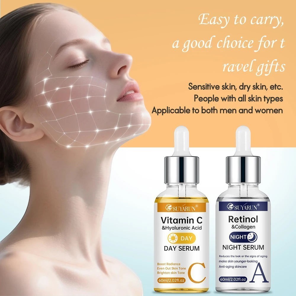 Belleréelle Sérum Jour et Nuit Anti-Âge : sérum jour Vitamine C & Acide Hyaluronique, sérum nuit Rétinol & Collagène pour peau jeune.