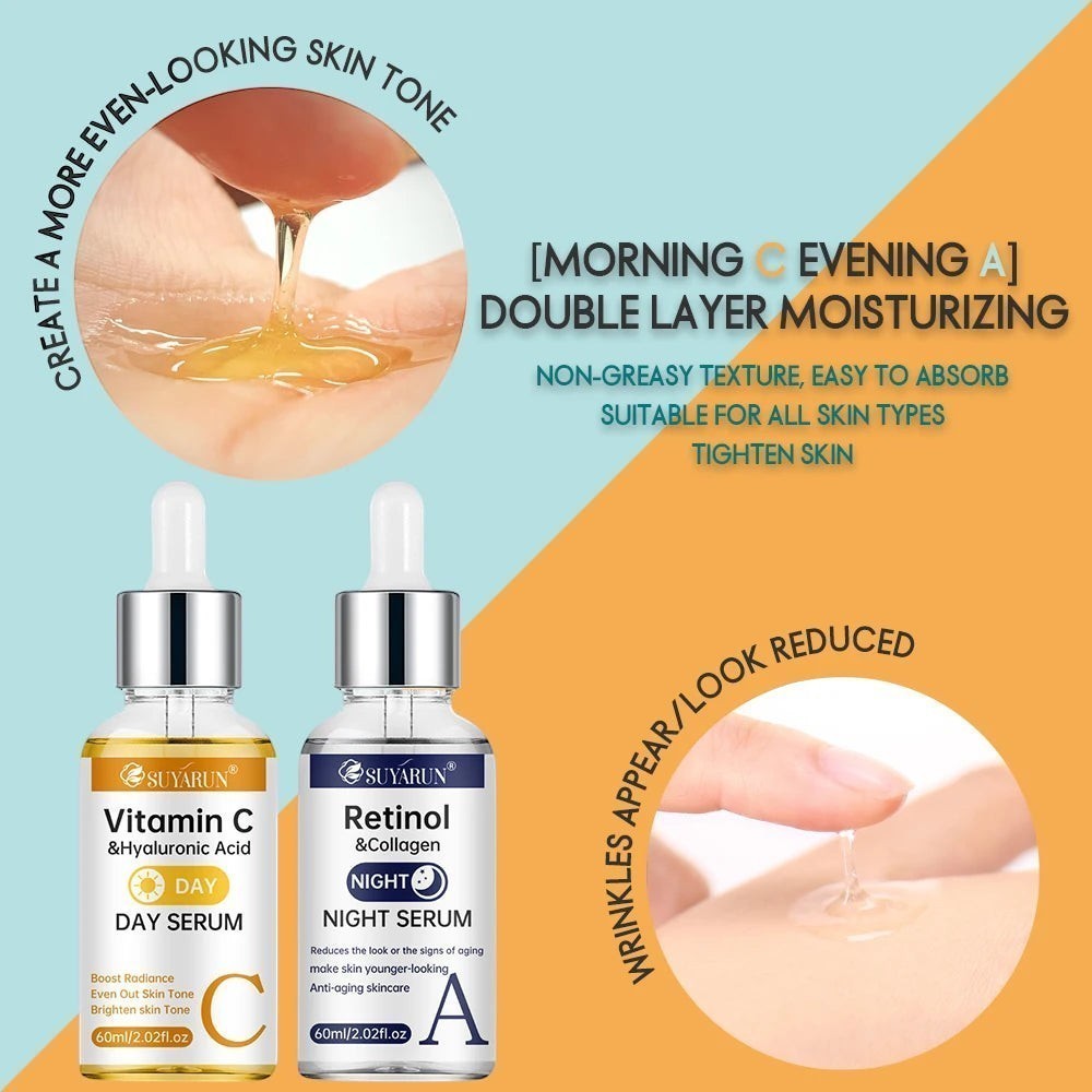 Belleréelle Sérum Jour et Nuit Anti-Âge : sérum Vitamine C jour et sérum Rétinol nuit pour une peau éclatante et jeune.