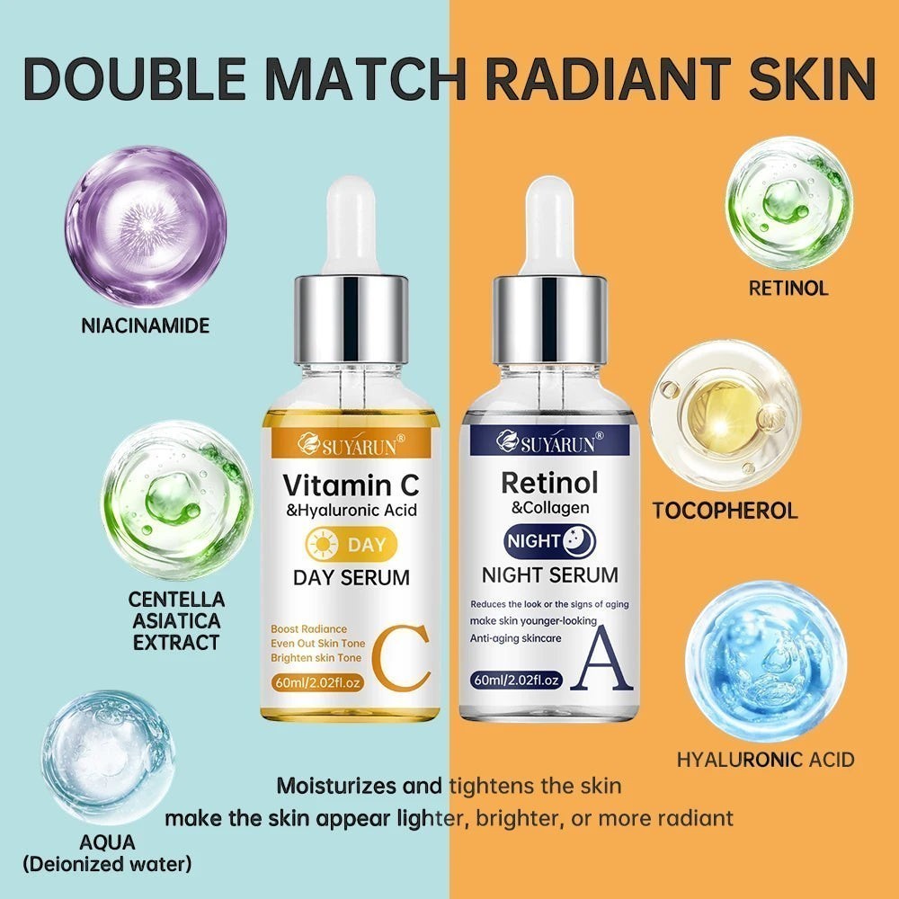 Belleréelle Sérum Jour et Nuit Anti-Âge : sérum jour Vitamine C et Acide Hyaluronique, sérum nuit Rétinol et Collagène pour peau jeune.