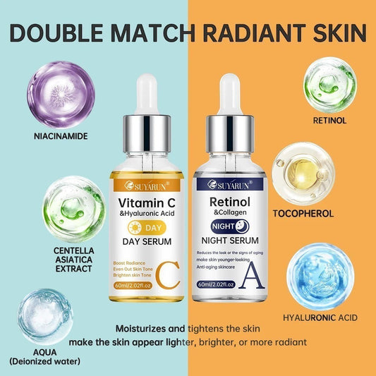 Belleréelle Sérum Jour et Nuit Anti-Âge : sérum jour Vitamine C et Acide Hyaluronique, sérum nuit Rétinol et Collagène pour peau jeune.
