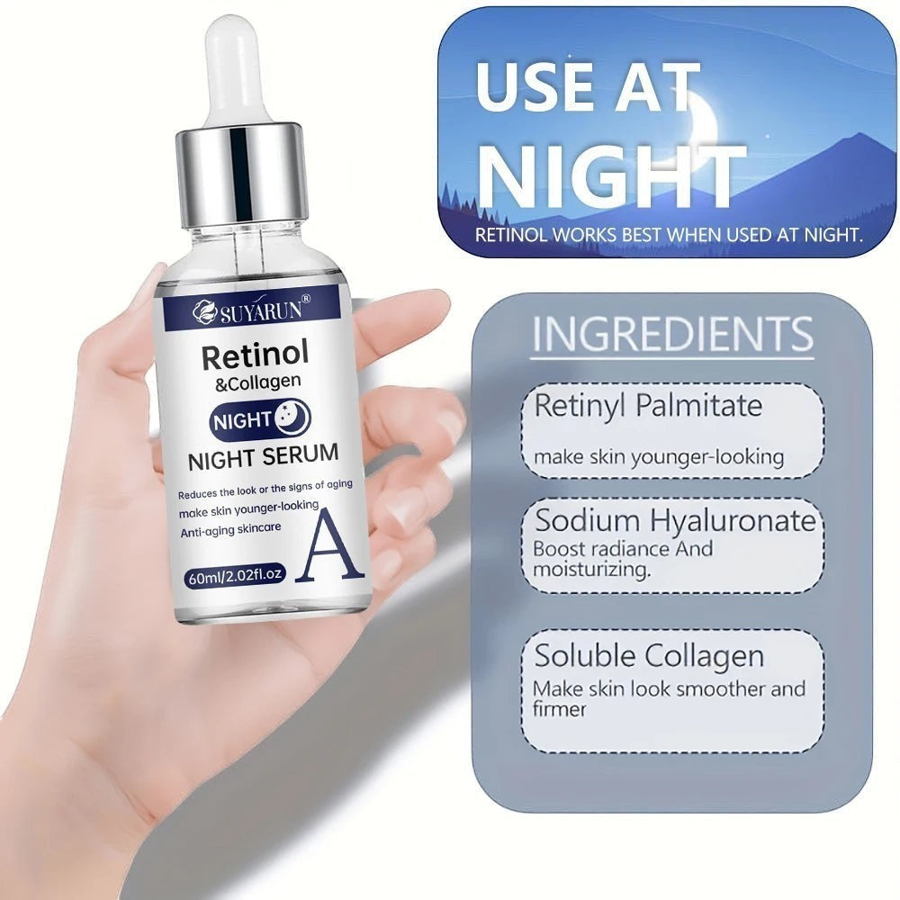 Belleréelle Sérum Jour et Nuit Anti-Âge : flacon de sérum de nuit avec rétinol et collagène, 60ml. Idéal pour réduire les rides et raffermir la peau.