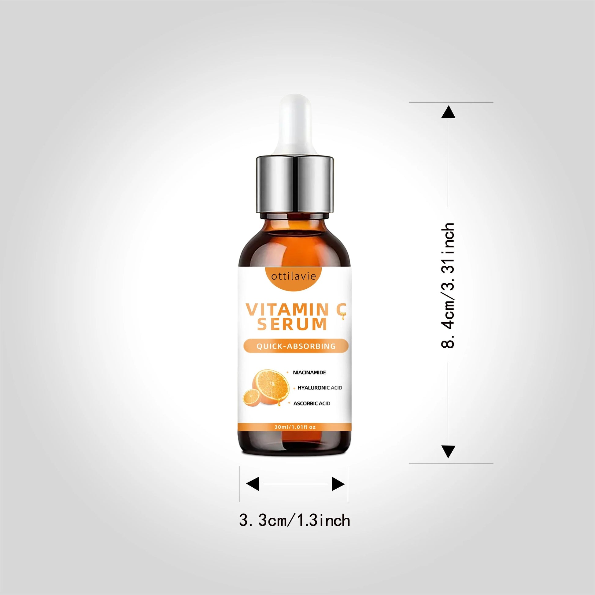 Belleréelle Sérum Vitamine C & Acide Hyaluronique, flacon ambré avec compte-gouttes, pour une peau hydratée et lumineuse.