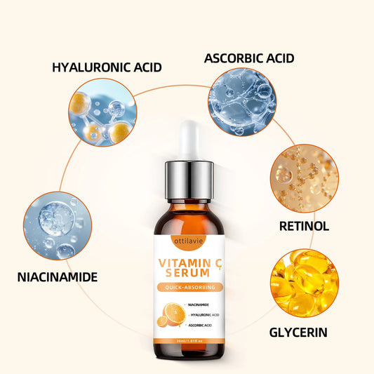 Belleréelle Sérum Vitamine C & Acide Hyaluronique, hydratation 24h, peau lumineuse et éclatante. Flacon compte-gouttes ambré.