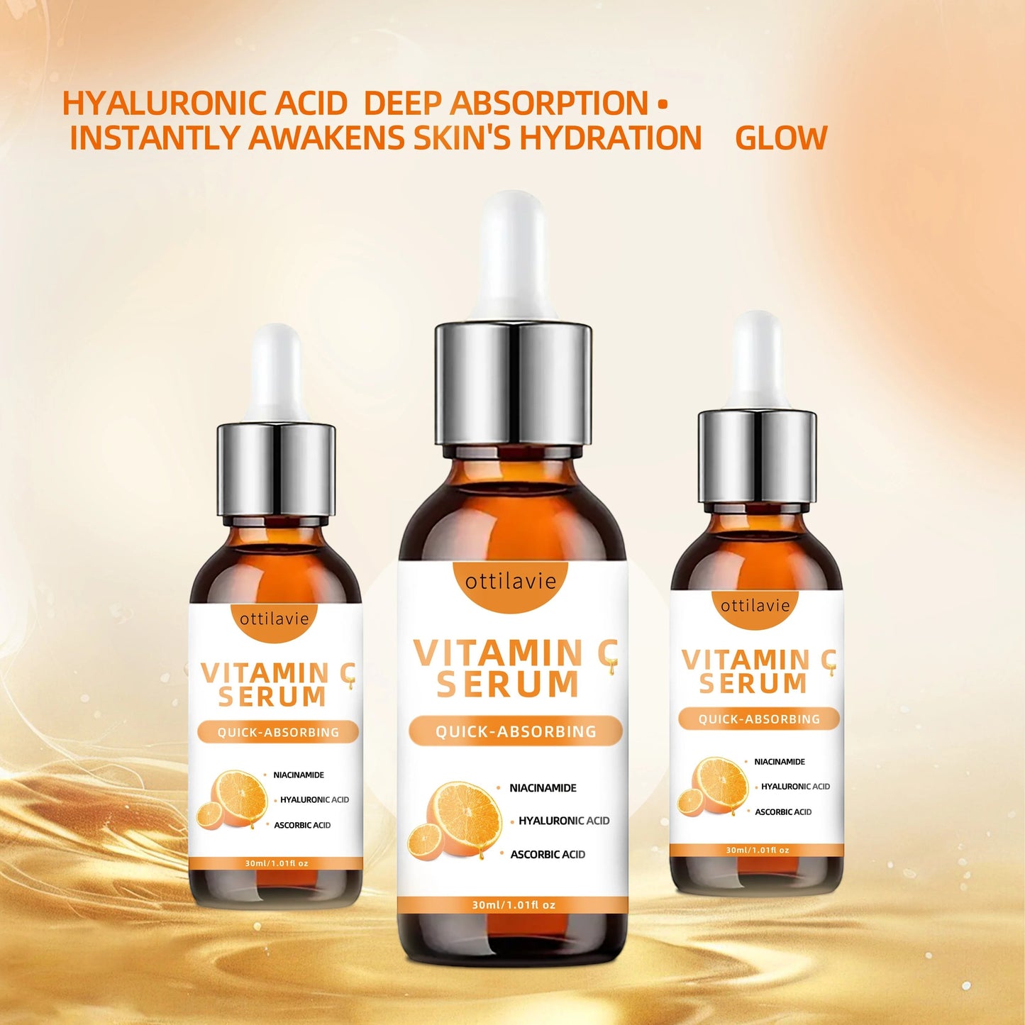Belleréelle Sérum Vitamine C & Acide Hyaluronique, flacon ambré avec compte-gouttes, hydratation 24h, peau lumineuse.