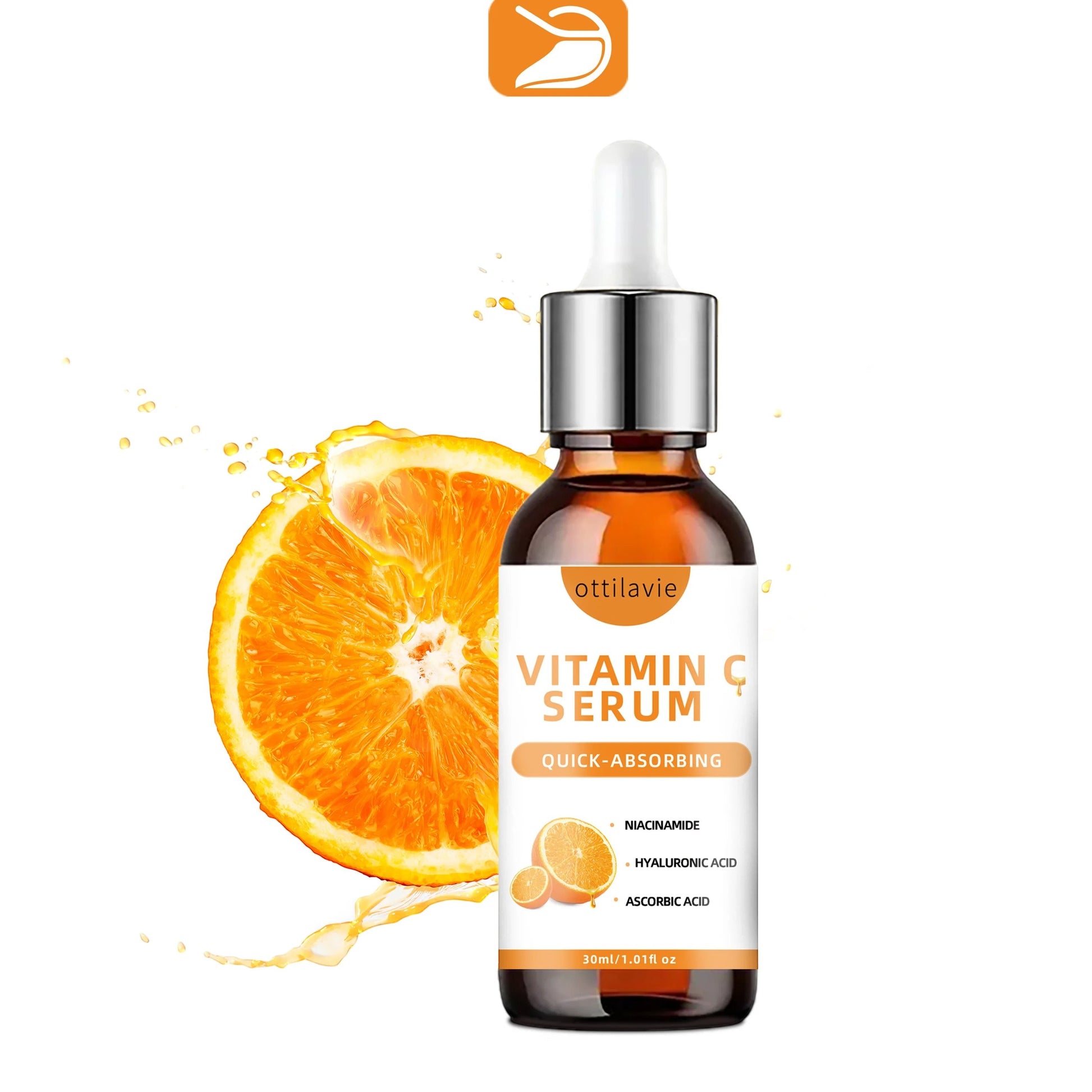 Belleréelle Sérum Vitamine C & Acide Hyaluronique, flacon ambré avec compte-gouttes, éclaboussures d'orange et tranche d'orange.