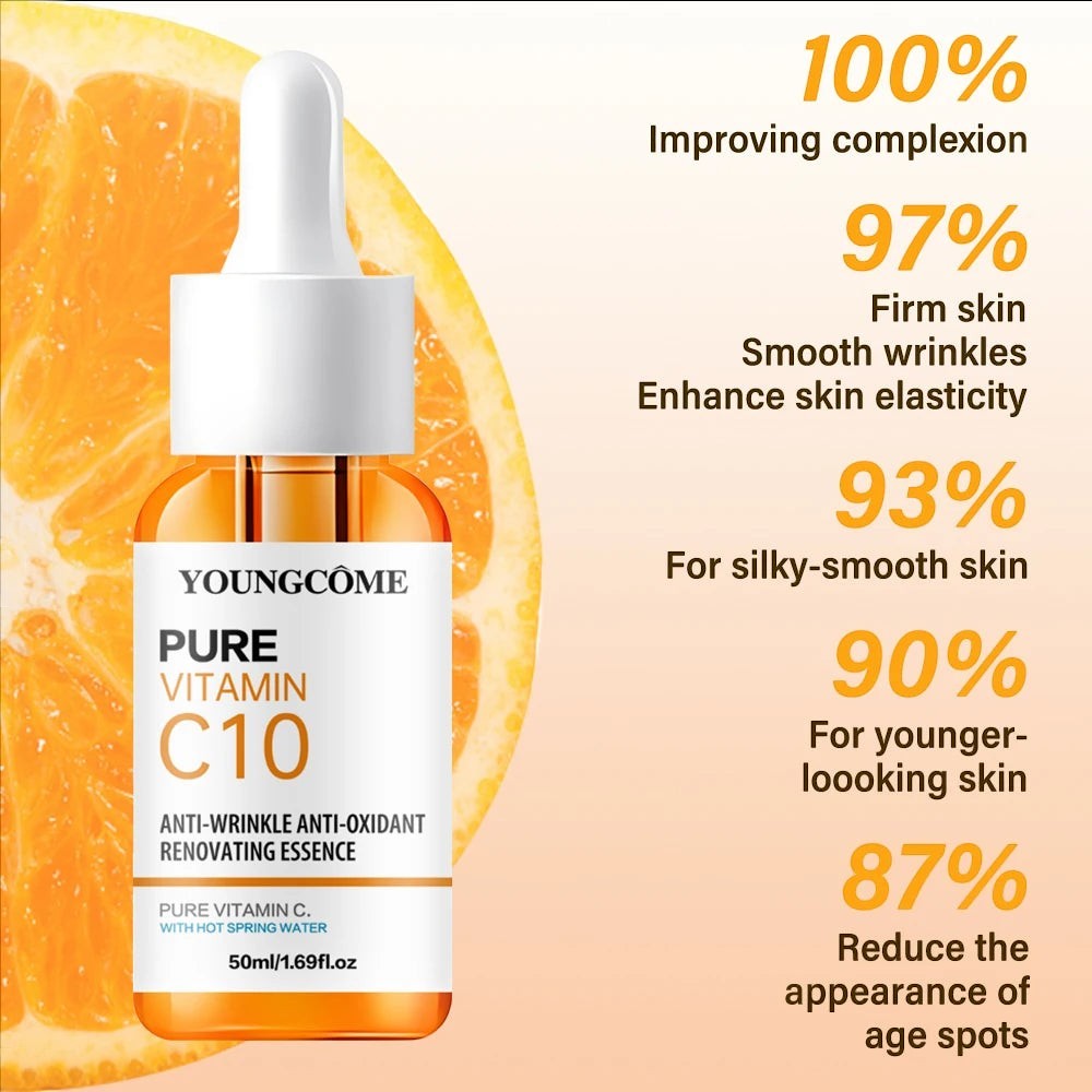 Belleréelle Sérum Visage Revitalisant à la Vitamine C, flacon compte-gouttes orange avec texte promotionnel et image d'orange.