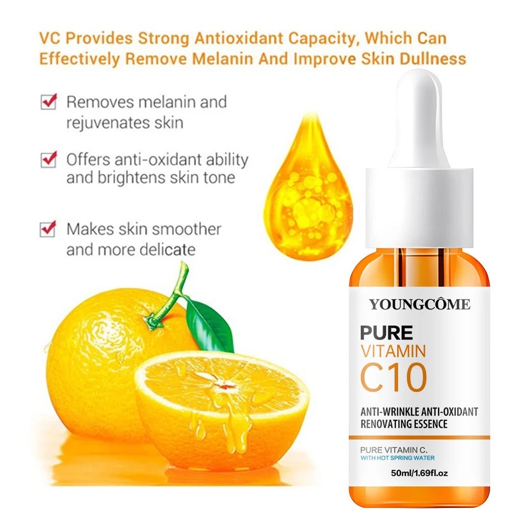 Belleréelle Sérum Visage Revitalisant à la Vitamine C, flacon compte-gouttes orange, avec des oranges et une goutte de sérum.
